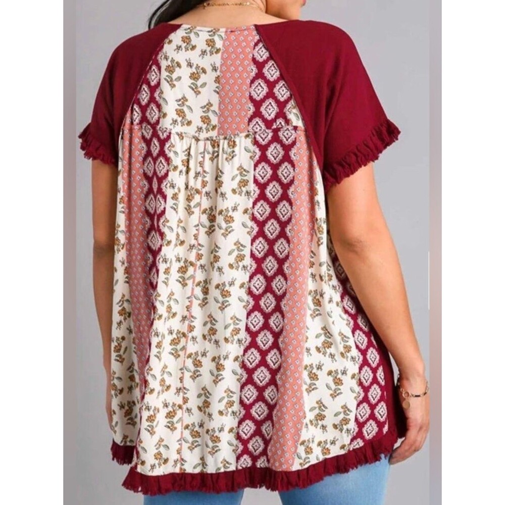 Umgee Burgundy Boho Fringe Patchwork Tunic Top Floral Mixed Print M